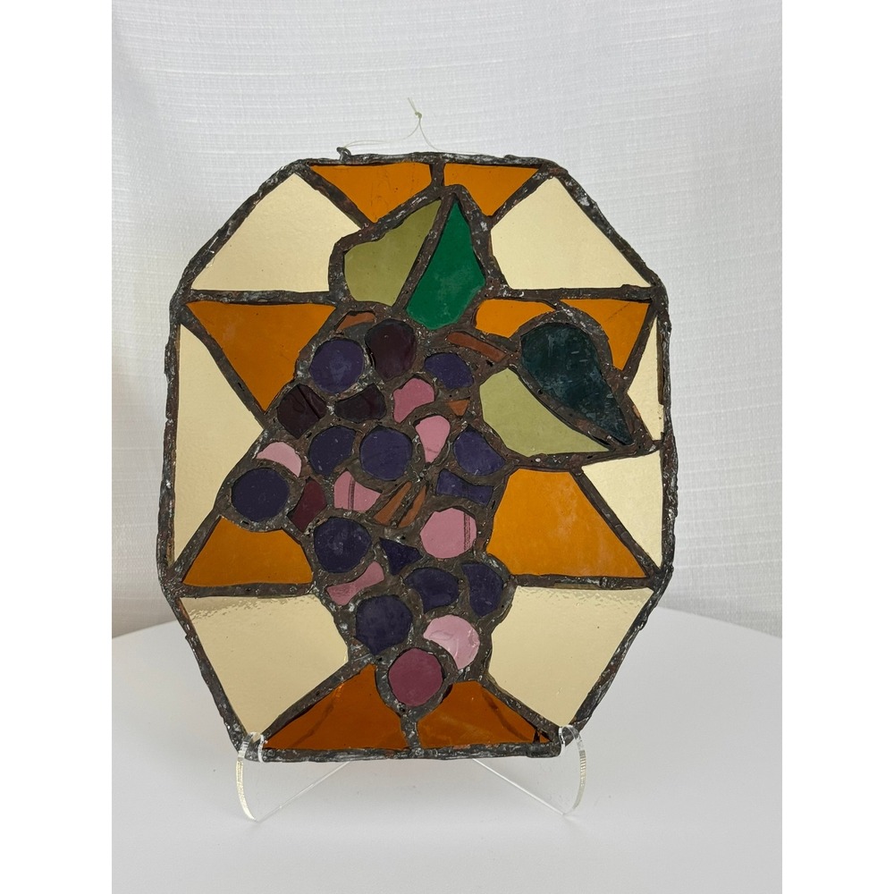 Vintage 1950s Leaded Stained Glass Grape Cluster Window Panel 10"